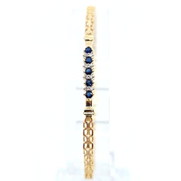 Unique 14K Yellow Gold Diamond & Blue Spinel Tennis Link Bracelet - 7.75" Length - Picture 5 of 12